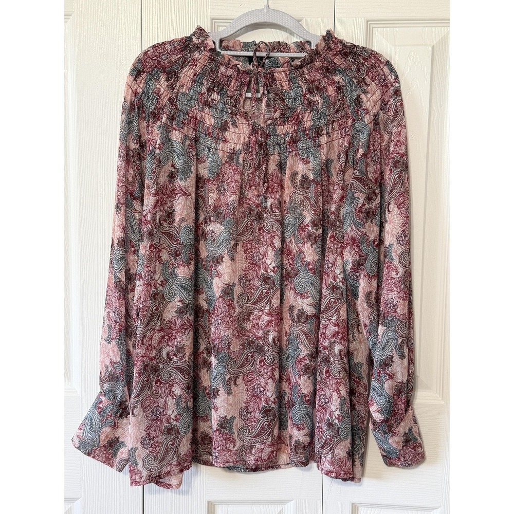 RD + Koko Paisley Smocked Blouse Burgundy Pink Metallic Shimmer Long Sleeve L